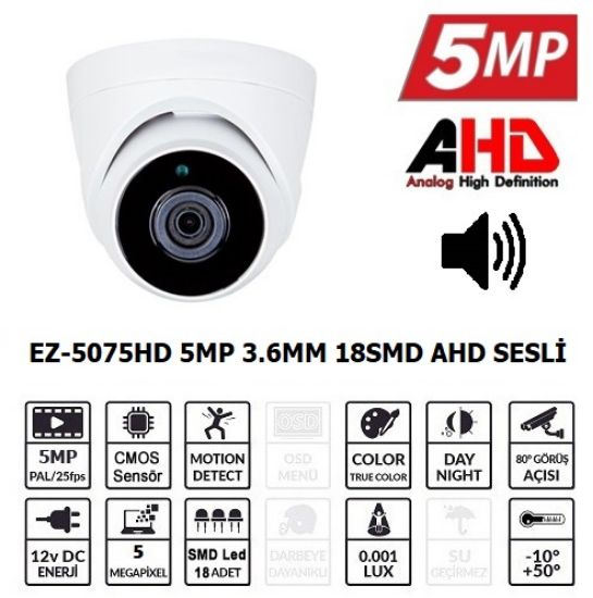 EZCOOL EZ-5075HD 5MP 3.6MM 18SMD AHD SESLİ DOME resmi