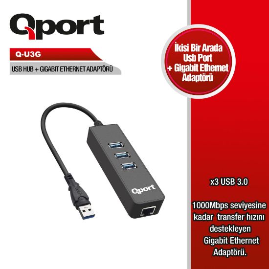 QPORT Q-U3G USB 3.0 ÇOKLAYICI/GIGABIT ADAPTÖR resmi