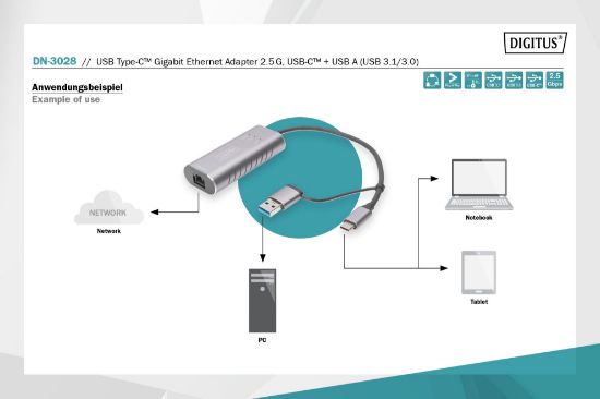 DIGITUS DN-3028 USB 3.0 ETHERNET ADAPTÖR TYPE C resmi