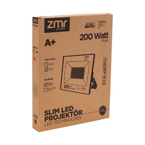 ZMR 200 WATT - 220 VOLT BEYAZ 6500K IP66 150* IŞIK AÇISI SİYAH SLİM KASA LED PROJEKTÖR resmi