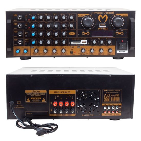 MAGICVOICE MV-1232 2*80W USB/SD BT UK-BALANS 4 MİK GİRİŞ-4 HOP ÇIKIŞLI STEREO TRAFOSUZ MIXER KÜP ANFİ resmi