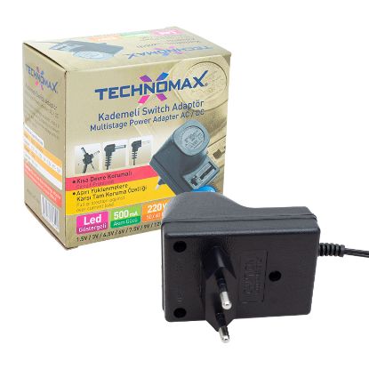 TECHNOMAX TM-2108 1.5 VOLT - 12 VOLT - 0.5 AMPER KADEMELİ ADAPTÖR resmi