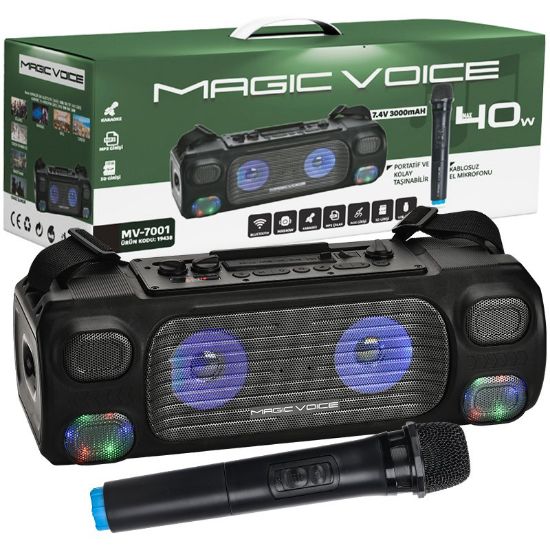 MAGICVOICE MV-7001 VHF EL MİK USB+SD+BT+UK 40 WATT IŞIKLI ŞARJLI SEYYAR ANFİ resmi