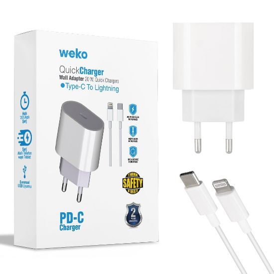 WEKO WK-21443 PD-C 20 WATT TYPE-C ŞARJ BAŞLIK ADAPTÖRÜ + TYPE-C TO LIGHTNING KABLO (NO:9) resmi