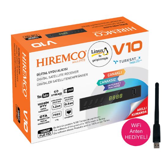 HIREMCO V10 ETHERNETLİ USB GİRİŞLİ YOUTUBE ÖZELLİKLİ LINUX TABANLI WİFİ ANTENLİ FULL HD UYDU ALICISI resmi