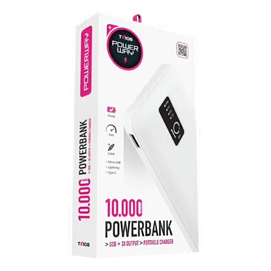 POWERWAY TX108 10000 MAH SİYAH GÖSTERGELİ EKSTRA KABLOLU 4 ÇIKIŞLI POWERBANK resmi