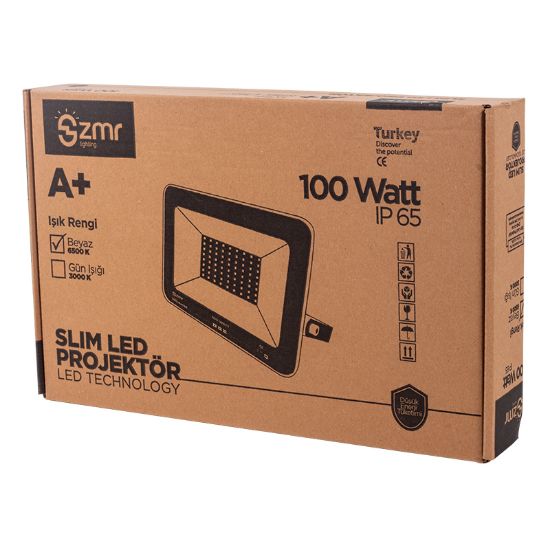 ZMR 100 WATT - 220 VOLT 6500K IP65 150* IŞIK AÇISI BEYAZ SLİM KASA LED PROJEKTÖR resmi