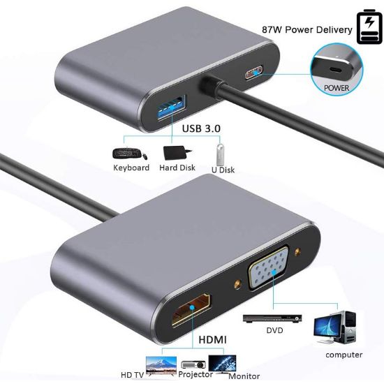 POWERMASTER PM-4026 USB TYPE-C TO HDMI-VGA-USB-TYPE C 4IN1 ADAPTÖR resmi