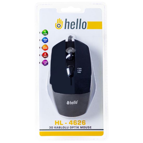 HELLO HL-4626 USB 1600 DPI 3D KABLOLU OPTİK GAMING MOUSE resmi