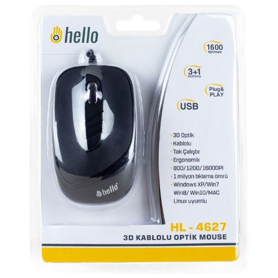 HELLO HL-4627 USB 1600 DPI 3D KABLOLU OPTİK MOUSE resmi
