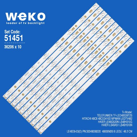 WKSET-6451 36206X10 LE48D8-03(D) PN:30348008220  48000M26  10 ADET LED BAR resmi