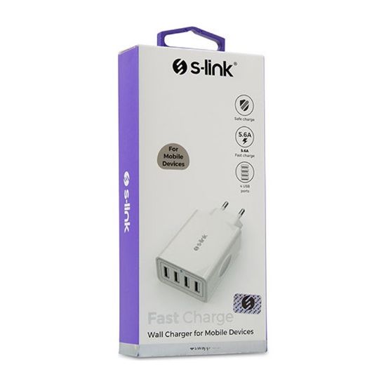 S-LINK SWAPP SW-C8 BEYAZ 5 VOLT - 5.6 AMPER  4*USB SMART PORT 2.4A EV ŞARJ ADAPTÖR resmi