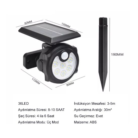 POWERMASTER SH-1705B 36 LEDLİ SENSÖRLÜ 3 MODLU SOLAR İNDİKSİYON DUVAR LAMBASI resmi