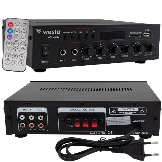 WESTA WM-750U 80W MİNİ 100V/70V/4-16 OHM USB/SD/BLUETOOTH/ UK-2 MİK GİRİŞ TRAFOLU ANFİ resmi