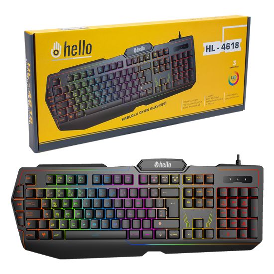 HELLO HL-4618 3 MAKRO TUŞLU 3 RENK IŞIKLI KABLOLU GAMING OYUNCU KLAVYE resmi