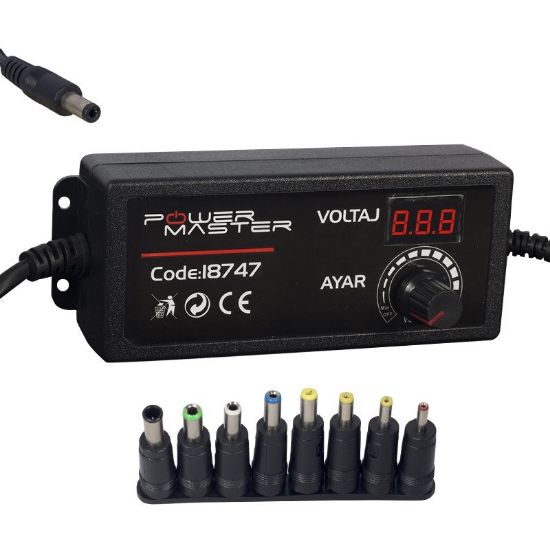 POWERMASTER PM-18747 3 VOLT - 24 VOLT - 2 AMPER ÇOK UÇLU DİJİTAL EKRANLI AYARLI KADEMELİ ADAPTÖR resmi