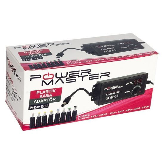 POWERMASTER PM-18747 3 VOLT - 24 VOLT - 2 AMPER ÇOK UÇLU DİJİTAL EKRANLI AYARLI KADEMELİ ADAPTÖR resmi