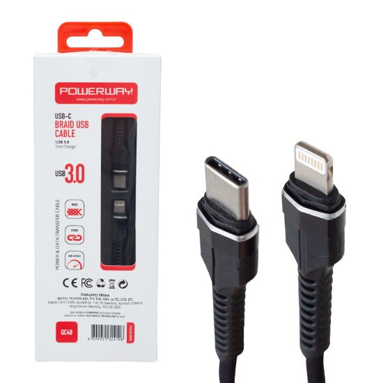 POWERWAY QC-48 ÖRGÜLÜ USB 3.0 TYPE C LIGHTNING DATA VE ŞARJ KABLOSU resmi