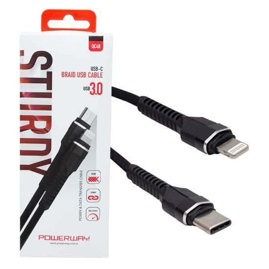 POWERWAY QC-48 ÖRGÜLÜ USB 3.0 TYPE C LIGHTNING DATA VE ŞARJ KABLOSU resmi