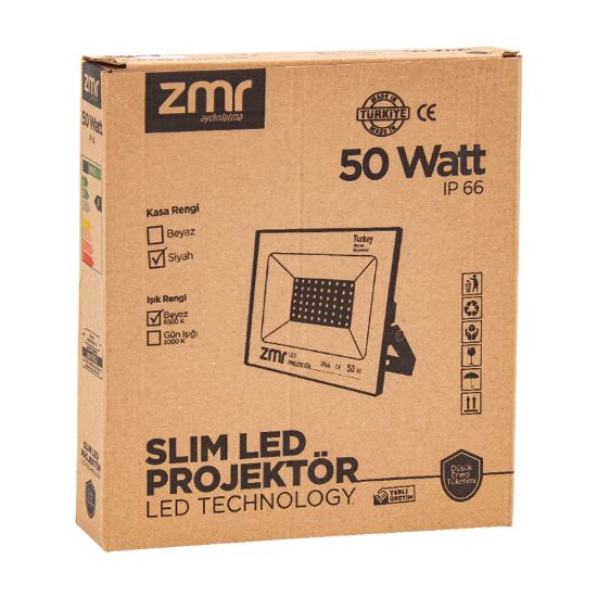 ZMR 50 WATT - 220 VOLT 6500K IP66 150* IŞIK AÇISI SİYAH SLİM KASA LED PROJEKTÖR resmi