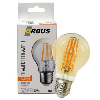 ORBUS ORB-F6W FILAMENT BULB A60 E27 6 WATT 600 LÜMEN AMBER LED AMPÜL resmi