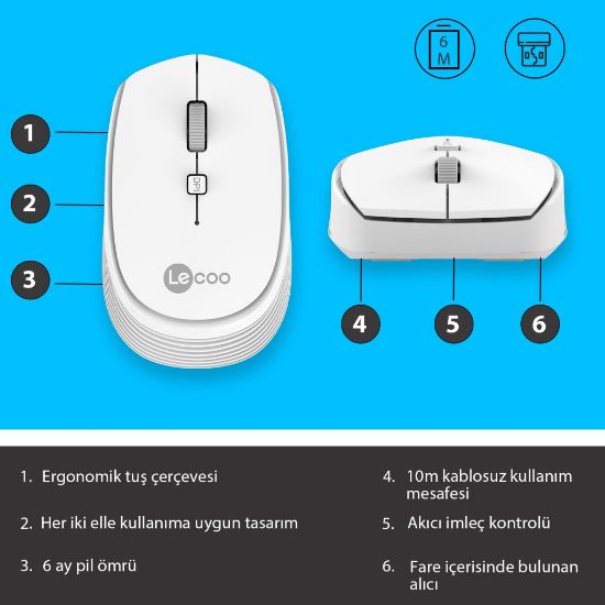 LENOVO LECOO WS202 BEYAZ USB KABLOSUZ MOUSE resmi