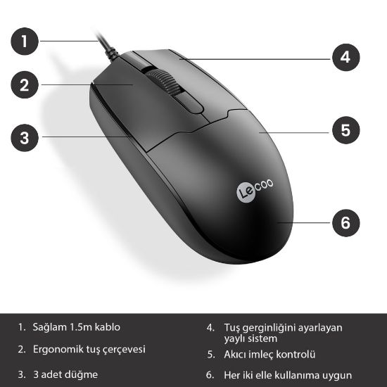 LENOVO LECOO MS101 SİYAH USB KABLOLU MOUSE resmi