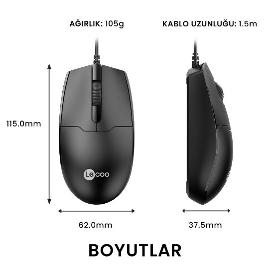 LENOVO LECOO MS101 SİYAH USB KABLOLU MOUSE resmi