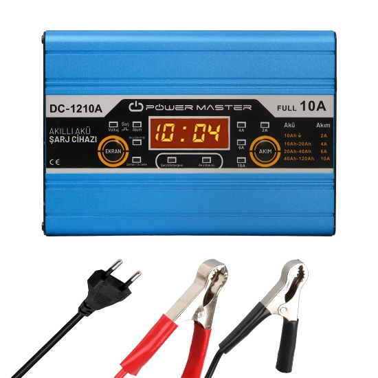 POWERMASTER DC-1210A 12 VOLT MAX 10 AMPER DİGİTAL EKRANLI AKILLI AKÜ ŞARJ CİHAZI resmi