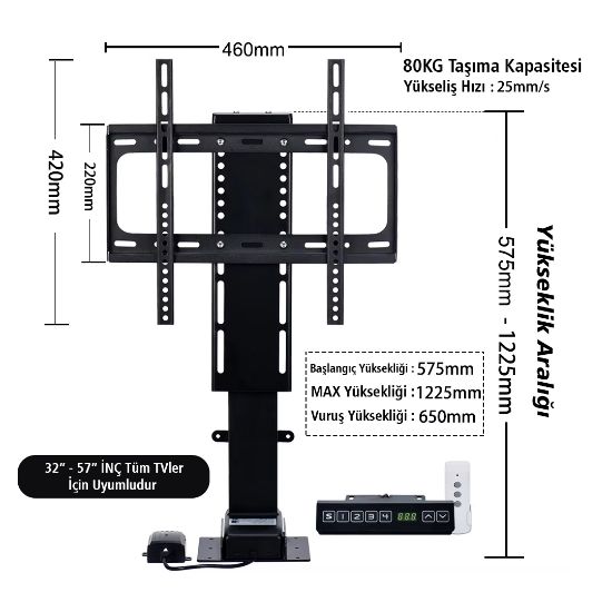 POWERMASTER PM-24928 32 - 57 İNÇ AYARLANABİLİR YÜKSEKLİK UZAKTAN KUMANDALI TV KALDIRMA LİFT ASANSÖRÜ resmi