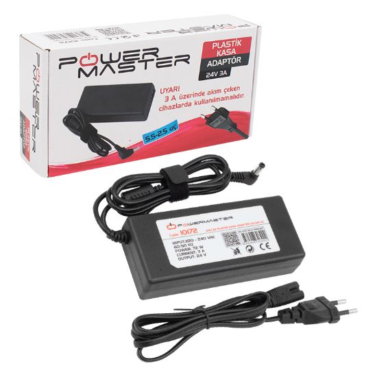 POWERMASTER PM-10172 24 VOLT - 3 AMPER - 72 WATT 5.5*2.5 MM L UÇLU PLASTİK KASA MASAÜSTÜ ADAPTÖR resmi