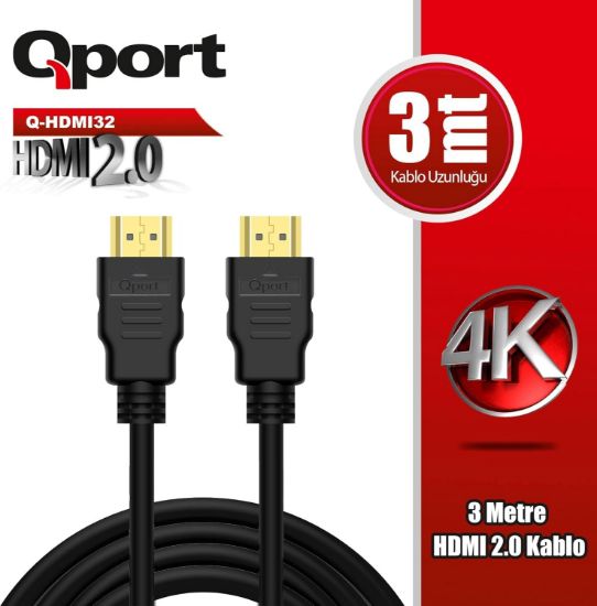 QPORT Q-HDMI32 HDMI 2.0 V ALTIN UÇLU KABLO 3 MT resmi