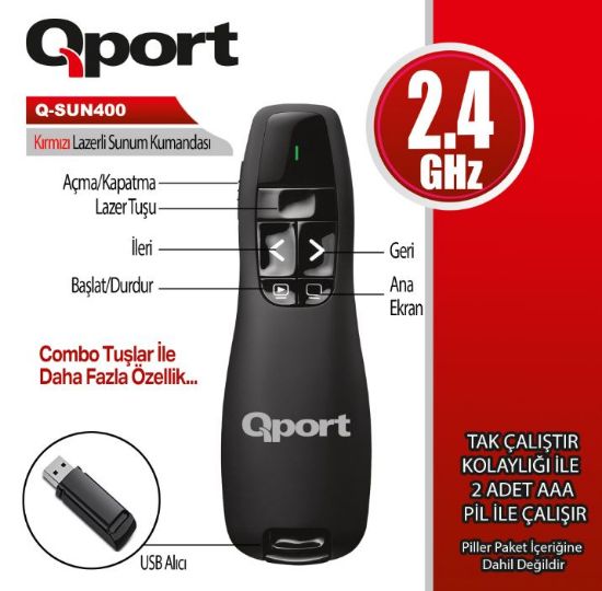 QPORT Q-SUN400 2.4 GHZ USB KIRMIZI LAZERLİ SUNUM KUMANDASI - PRESENTER resmi