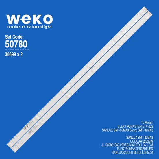 WKSET-5780 36699X2 JL.D32061330-269AS-M 6 LEDLİ 56,5 CM 3V  2 ADET LED BAR resmi