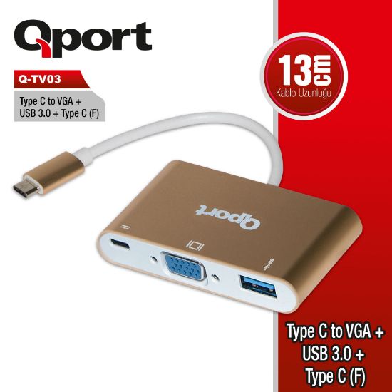 QPORT Q-TV03 TYPE-C TO VGA/USB3.0/TYPE-C(F) FULLHD CEVIRICI resmi