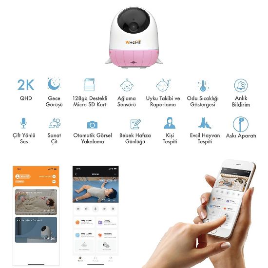 WHOME YAPAY ZEKA DESTEKLİ 360° GECE GÖRÜŞLÜ PEMBE WİFİ BEBEK GÜVENLİK KAMERASI (32 GB TF KART DESTEKLİ) resmi