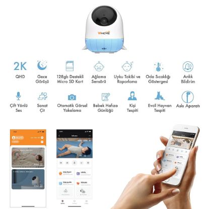 WHOME YAPAY ZEKA DESTEKLİ 360° GECE GÖRÜŞLÜ MAVİ WİFİ BEBEK GÜVENLİK KAMERASI (32 GB TF KART DESTEKLİ) resmi