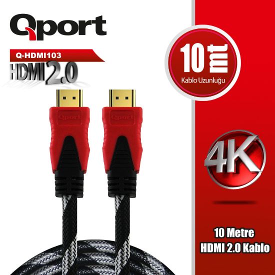 QPORT Q-HDMI103 10 METRE 2.0V 4K  ALTIN UÇLU ÖRGÜLÜ KABLO resmi