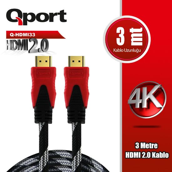 QPORT Q-HDMI33 3 METRE 2.0V 4K  ALTIN UÇLU ÖRGÜLÜ KABLO resmi