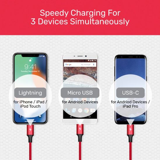 UNITEK USB-A 3in1 HIZLI ŞARJ KABLOSU 1.2MT 2.4A MICRO USB, TYPE-C, LIGHTNING (C14049BK) resmi