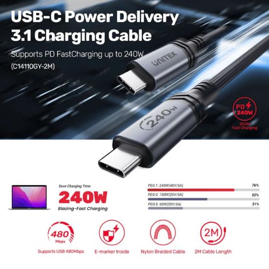 UNITEK TYPE-C HIZLI ŞARJ KABLOSU 2MT 240W (C14110GY-2M) resmi