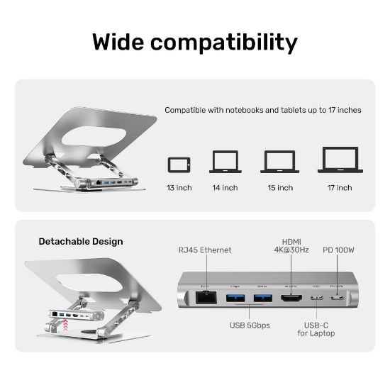 UNITEK 360 DERECE DÖNER 5in1 METAL NOTEBOOK STANDI (ETHERNET, 2xUSD3.0, HDMI, 100W PD) (D1109B01) resmi