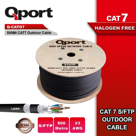 QPORT Q-CATO7 500M CAT7 LSOH S/FTP FULL BAKIR 23AWG SİYAH HALOGEN FREE KABLO resmi
