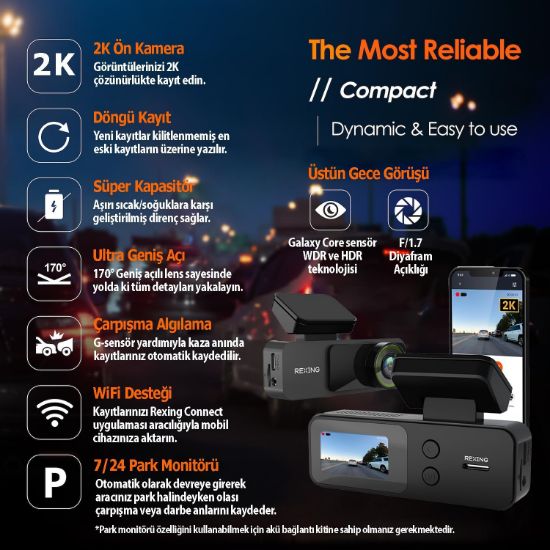 REXING V1 LITE 2K WIFI ARAC KAMERASI + 32GB SD KAR resmi