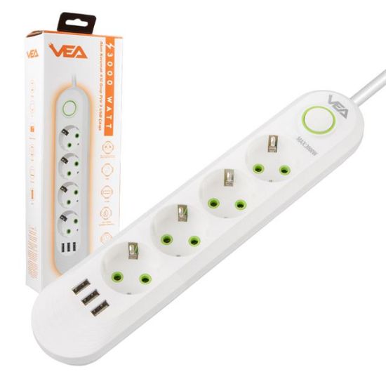 VEA VA-21560 4LÜ 1.5 METRE KABLOLU 3 USBLİ BEYAZ AKIM KORUMALI PRİZ resmi