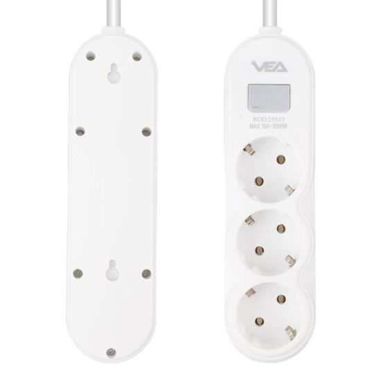 VEA VA-21571 3LÜ 1.5 METRE KABLOLU ANAHTARLI BEYAZ AKIM KORUMALI PRİZ resmi