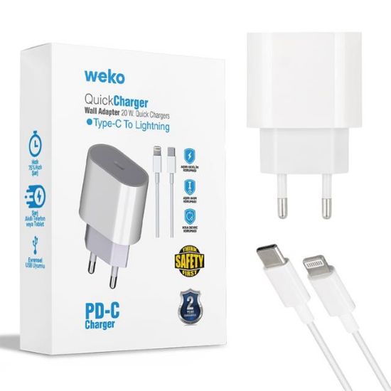 WEKO WK-21443 PD-C 20 WATT TYPE-C ŞARJ BAŞLIK ADAPTÖRÜ + TYPE-C TO LIGHTNING KABLO (NO:9) resmi