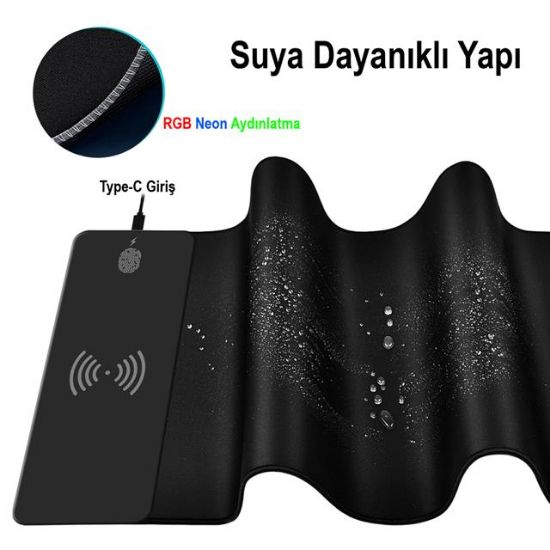 PowerMaster PM-25115 XL RGB Gaming Mouse Pad Wireless Telefon Şarj Destekli 14 Modlu resmi
