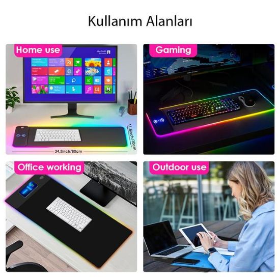 PowerMaster PM-25115 XL RGB Gaming Mouse Pad Wireless Telefon Şarj Destekli 14 Modlu resmi