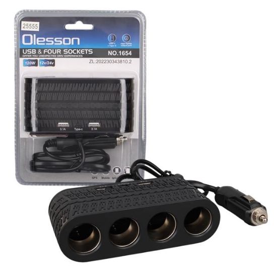 Olesson 1654 12-24V Çift USB - TYPE-C 120W 80cm Kablolu 4'LÜ Araç Çakmak Çoklayıcı resmi